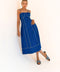 Summer Delight cobalt blue midi dress with yellow contrast stitching and adjustable shoulder straps