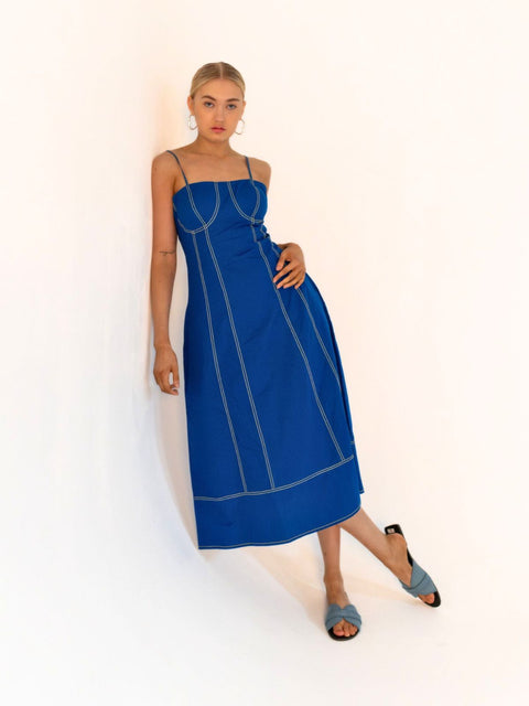 Summer Delight cobalt blue midi dress with yellow contrast stitching and adjustable shoulder straps