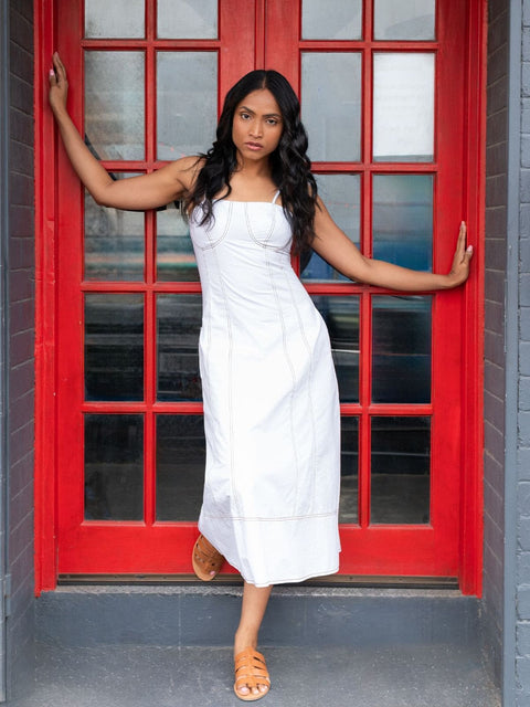 Harlow G Summer Delight Dress white midi dress with fitted bodice brown contrast stitching and side pockets