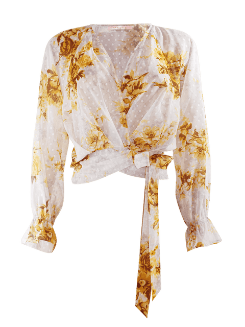Harlow G amber spice floral wrap top front product image with draped neckline and waist tie detail