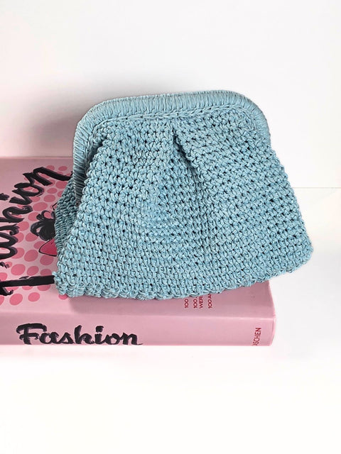 Light blue handmade raffia crocheted clutch bag with snap closure