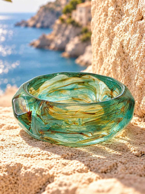 Chunky aqua and brown acrylic Mavi bangle with a glossy faceted finish
