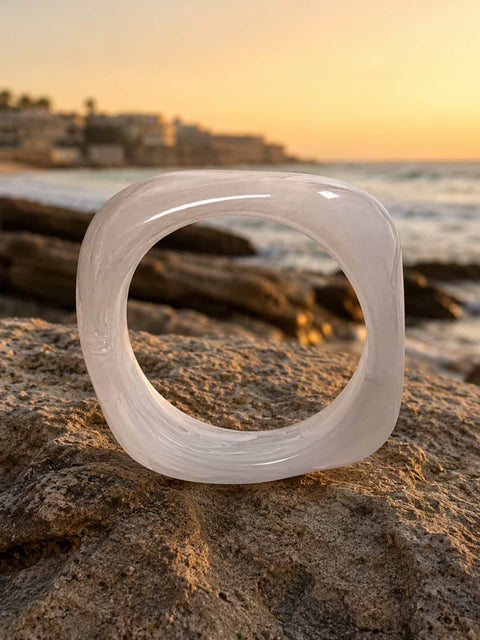 Contemporary white marble acrylic bangle with a rounded square shape for everyday and occasion styling
