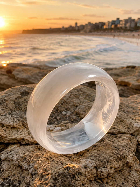 Zeni chunky white marble acrylic bangle with a smooth polished finish and neutral tones