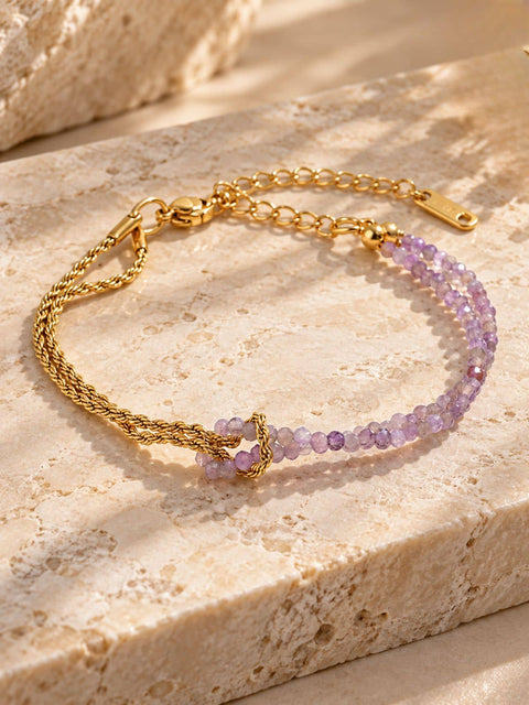 Natural amethyst stone bracelet with 18k gold plated chain and knot detail