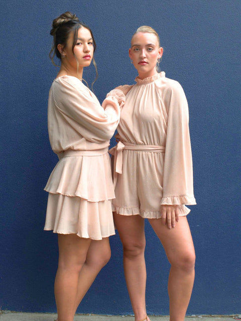 Harlow G Brooklyn Lights Pink matching collection shown on two models featuring playsuit and coordinated separates
