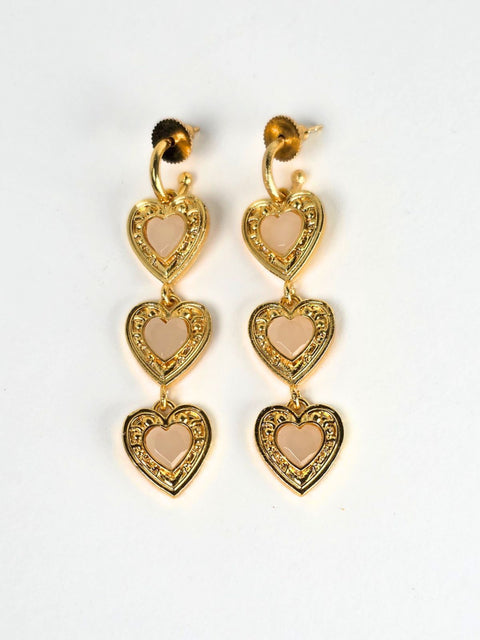Elegant gold three layer heart earrings with three blush pink heart stone drops