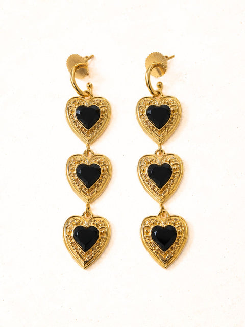 old dangling heart earrings with polished black heart gemstones