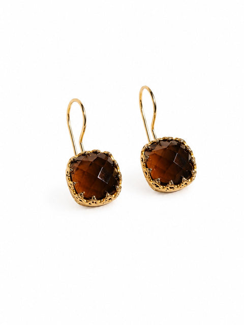 Brown square centre stones earrings set in gold boarder with a French hook 