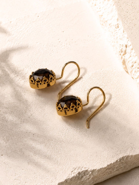 gold drop earrings with textured, crown-boarder and brown square centre stones