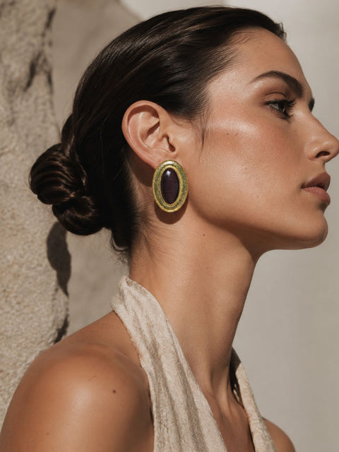 Rhodes Earrings featuring Brown Cat Eye stones in an oval gold setting.