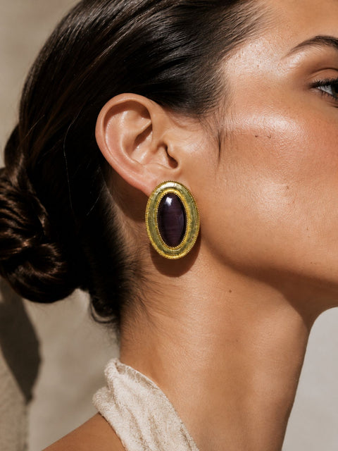 Rhodes Earrings with Brown Cat Eye stone in a textured gold oval setting, hand made women's statement stud earrings.