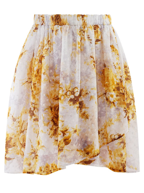 Harlow G close up amber spice mini skirt with an elastic waist in amber floral prints