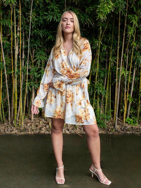 Harlow G amber spice floral mini skirt with soft floral print fabric and asymmetrical draped front detail