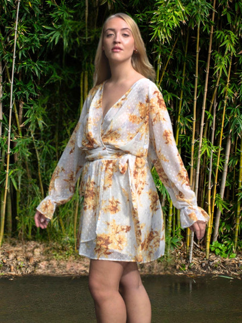 Harlow G amber spice floral mini skirt with lightweight floral fabric, fully lined and relaxed silhouette