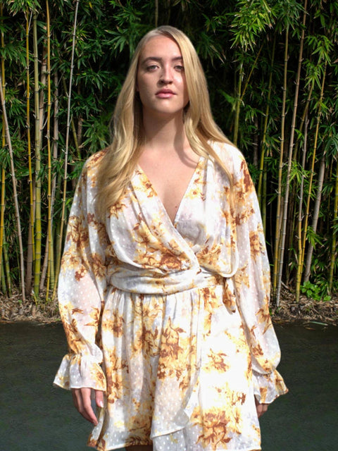 Harlow G amber spice autumn floral print wrap top with a front v neckline and long billowy sleeves in a relaxed fit
