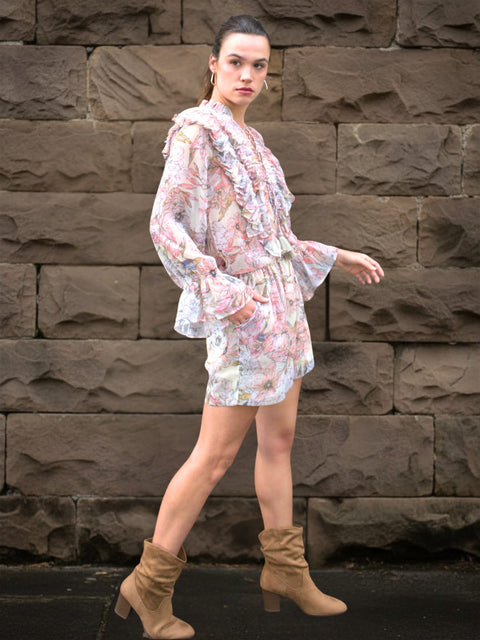 Harlow G Boho Blossom cream floral top with tie front neckline and voluminous sleeves