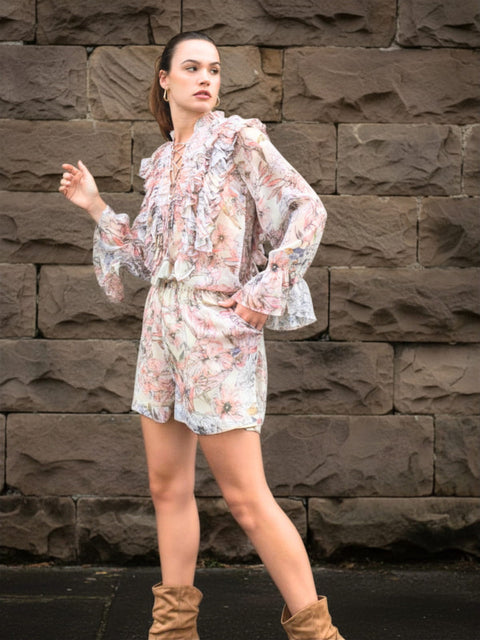 HarlowG Boho Blossom floral chiffon top with layered ruffle detailing and sheer sleeves