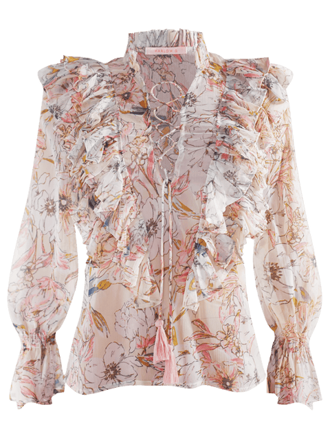 Harlow G Boho Blossom front product image cream floral top with soft front ruffles and flowing sleeves