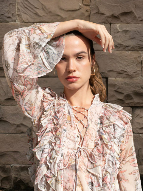 Harlow G Boho Blossom cream floral chiffon top with layered front ruffles and tie neckline