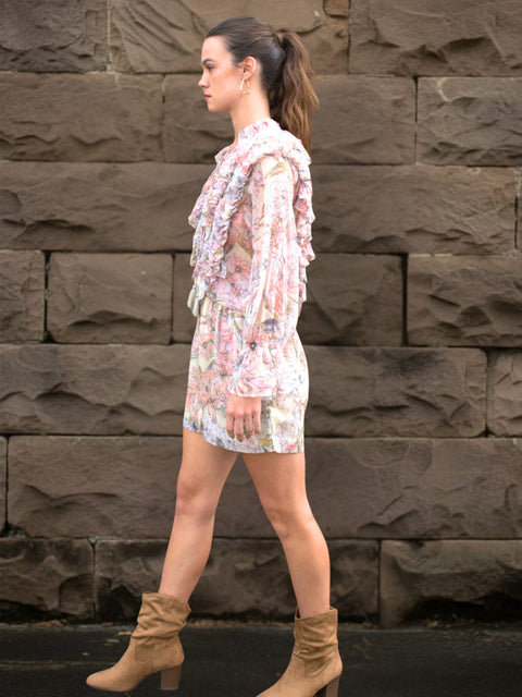 Harlow G Boho Blossom floral sheer top with cascading front ruffles and long sleeves