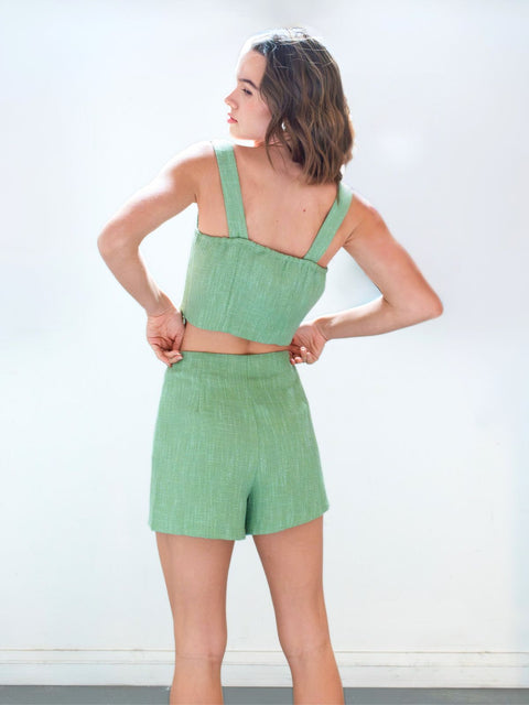 Harlow G Capri Charm Top green cropped top with wide shoulder straps straight back neckline and adjustable straps