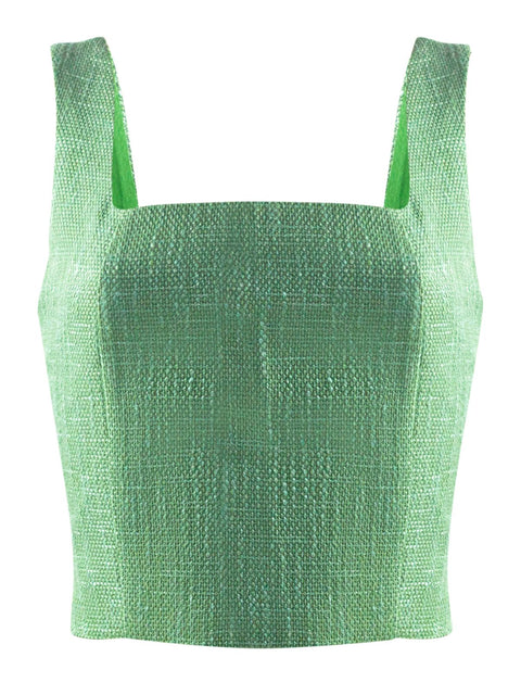 Harlow G Capri Charm Top green cropped top with square neckline wide shoulder straps textured finish and fitted silhouette