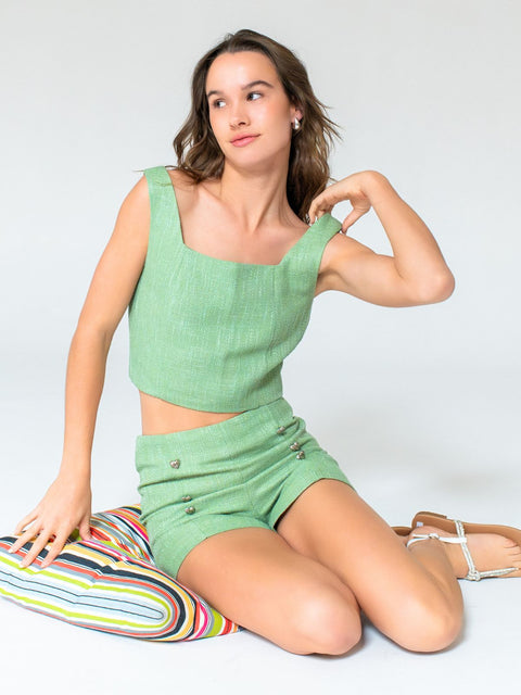 Harlow G Capri Charm Top green cropped top with square neckline wide straps paired with matching shorts fitted silhouette