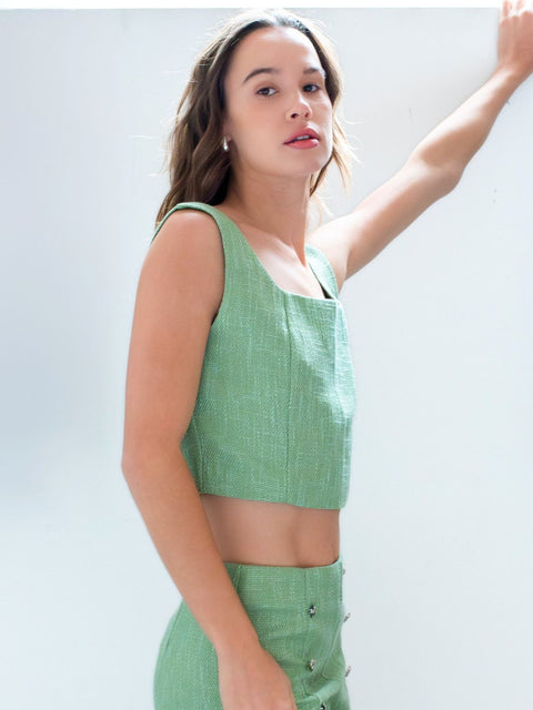 Harlow G Capri Charm Top green cropped top with square neckline wide shoulder straps and fitted silhouette
