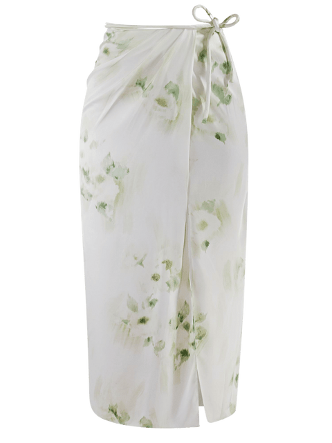 Harlow G La Mer soft ivory floral midi skirt with gathered drape detail and side tie waist