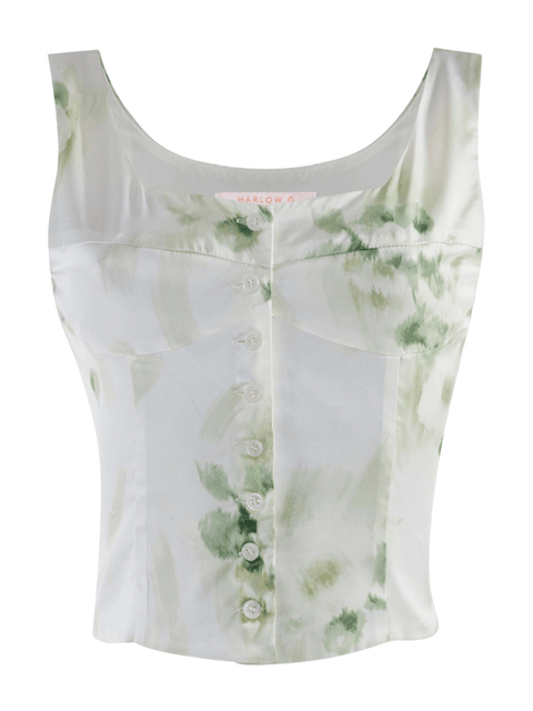 Harlow G La Mer top in soft green print with square neckline and button front detail