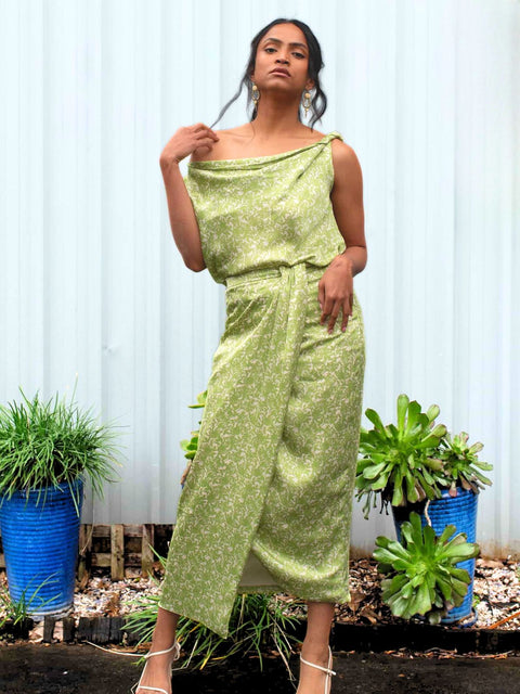 Harlow G Malaga maxi skirt with green floral print, front overlap detail and front high split silhouette