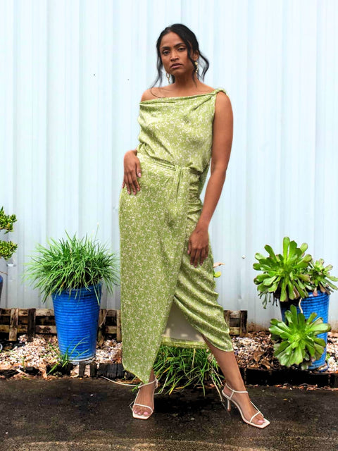 Harlow G Malaga top green floral with one shoulder twist detail and relaxed cowl neckline finish