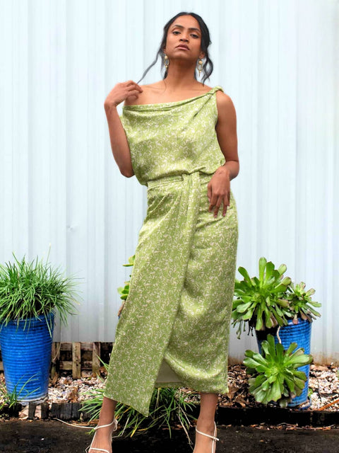 Harlow G Malaga top in green floral sleeveless with soft cowl neckline and fluid relaxed shape detail