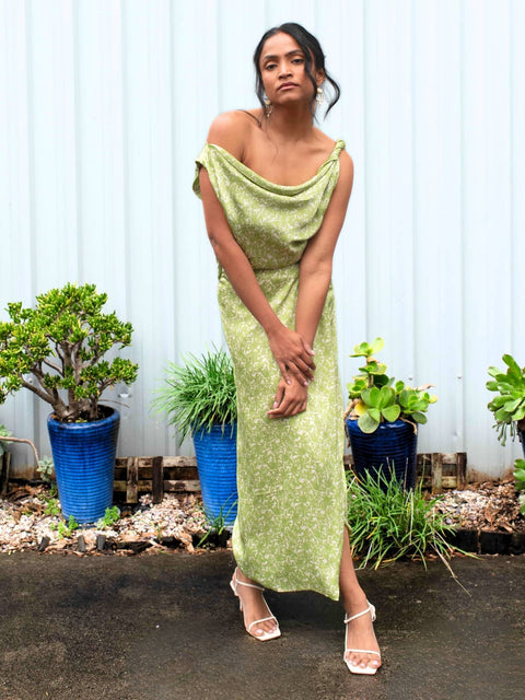 Harlow G Malaga green floral top styled with matching skirt and soft cowl neckline