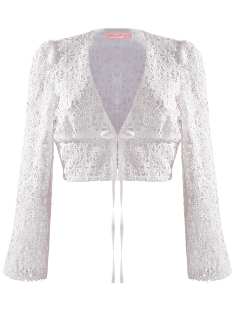 Harlow G Tua Blanca white broderie anglaise top with deep V front tie cropped silhouette