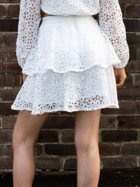 Harlow G Tua Blanca white layered mini skirt with feminine broderie anglaise detailing