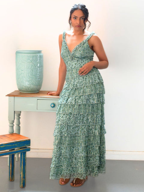 Harlow G Graceful Maxi Dress in green tonal print with plunging neckline fitted waist and layered ruffle detailing