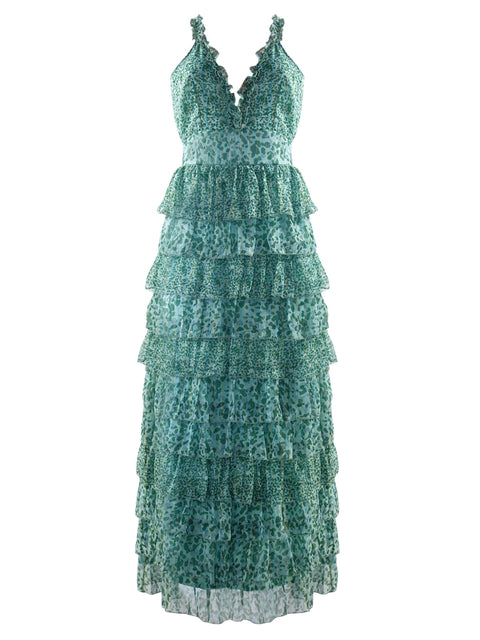 Harlow G close detail of Graceful Maxi Dress in green two tone print with gold metallic thread and gathered ruffles