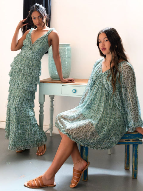 Harlow G maxi dress in two tone greens with subtle gold metallic thread accents and tiered ruffle silhouette