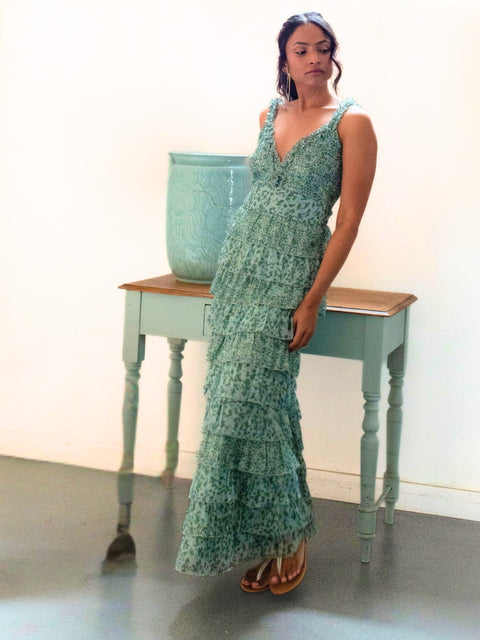 Harlow G two tone green print Graceful Maxi Dress with a fitted bodice deep V neckline and tiered ruffle layers