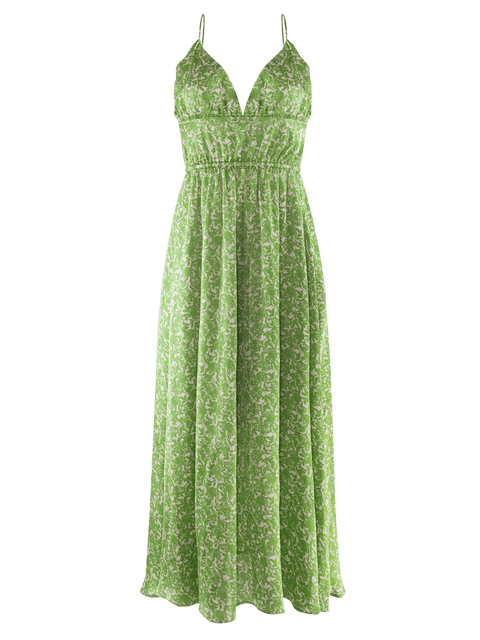 Harlow G Malaga Maxi Dress front product image green floral with deep V neckline, thin straps and flowing full length silhouette