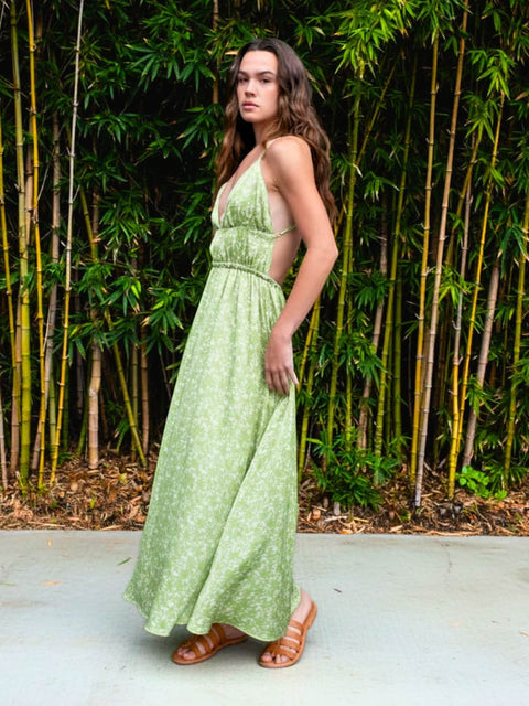 Harlow G Malaga Maxi Dress delicate green floral print, thin crisscross back straps and backless design
