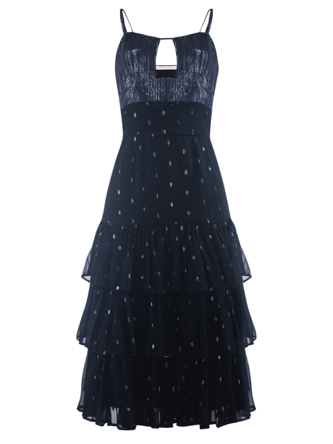 Harlow G Heavenly Night black midi dress with soft ruffle tiers and front cut out detail