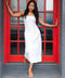 Harlow G Summer Delight Dress white midi dress with fitted bodice brown contrast stitching and side pockets