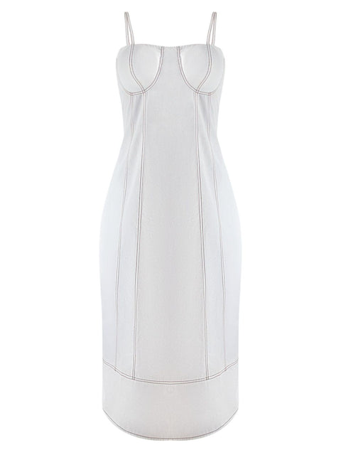 Harlow G Summer Delight Dress white midi dress with brown contrast stitching side pockets and A line silhouette