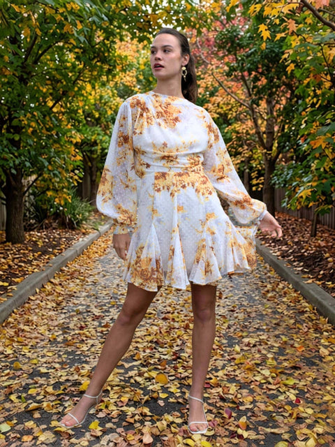 Harlow G amber floral mini dress with gathered waist and flared hem silhouette