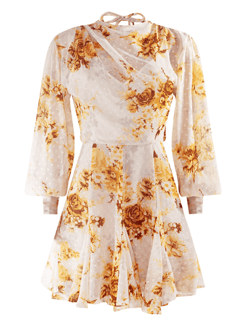 Harlow G amber spice floral mini dress front product image with long sheer sleeves and softly flared mini hem