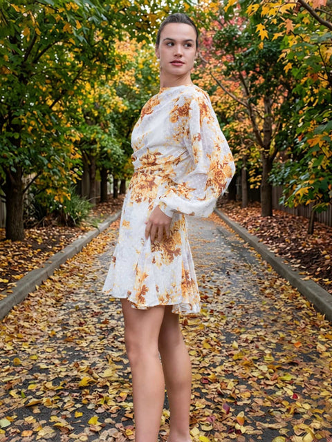 Harlow G amber spice floral mini dress with soft balloon sleeves, fitted waist and flared mini skirt silhouette