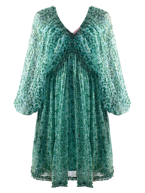 Harlow G Graceful Gathered Mini Dress in green animal print with deep V neckline and gathered mini silhouette
